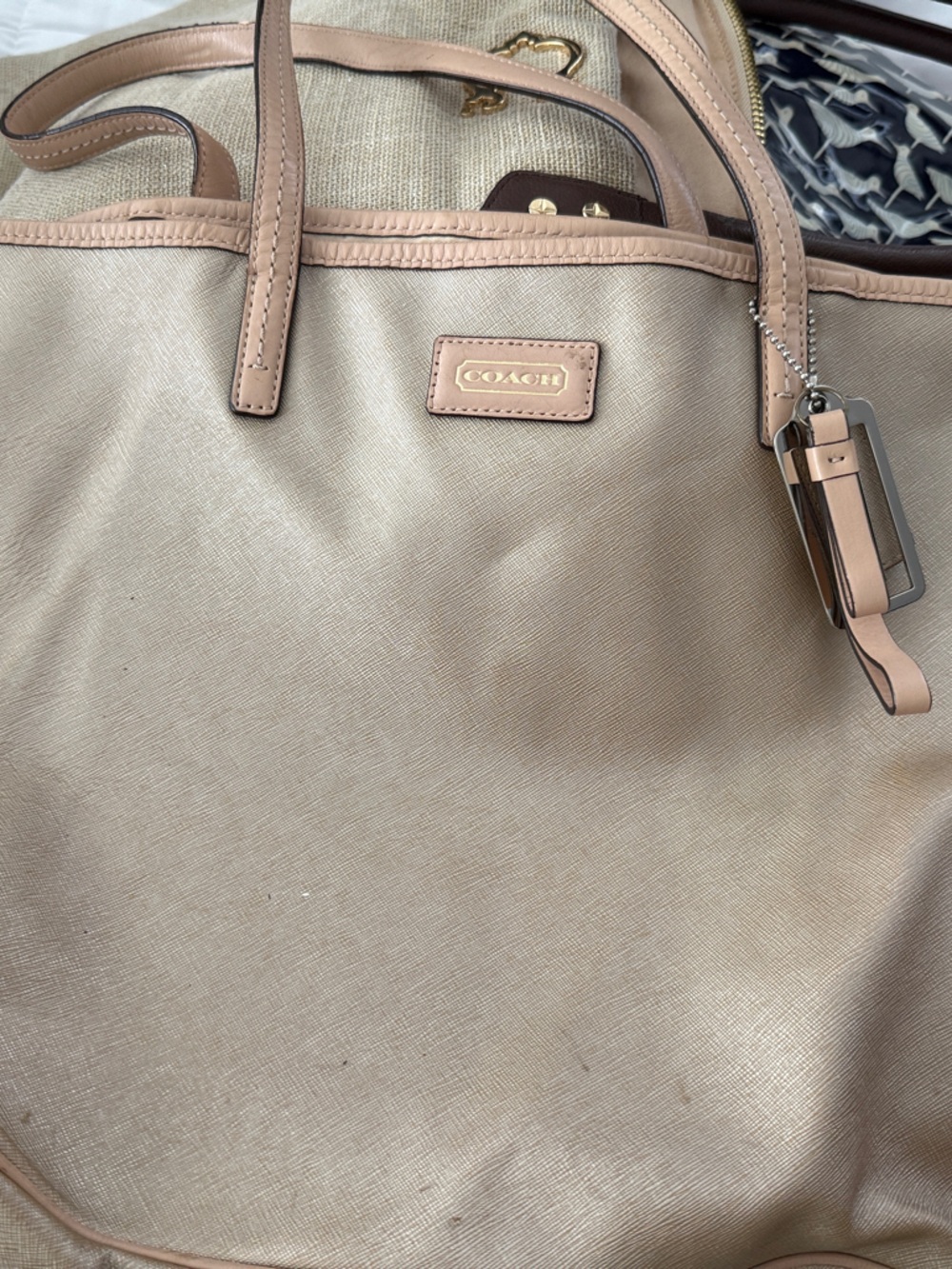 Coach Metallic Beige Tote with Pink Trim